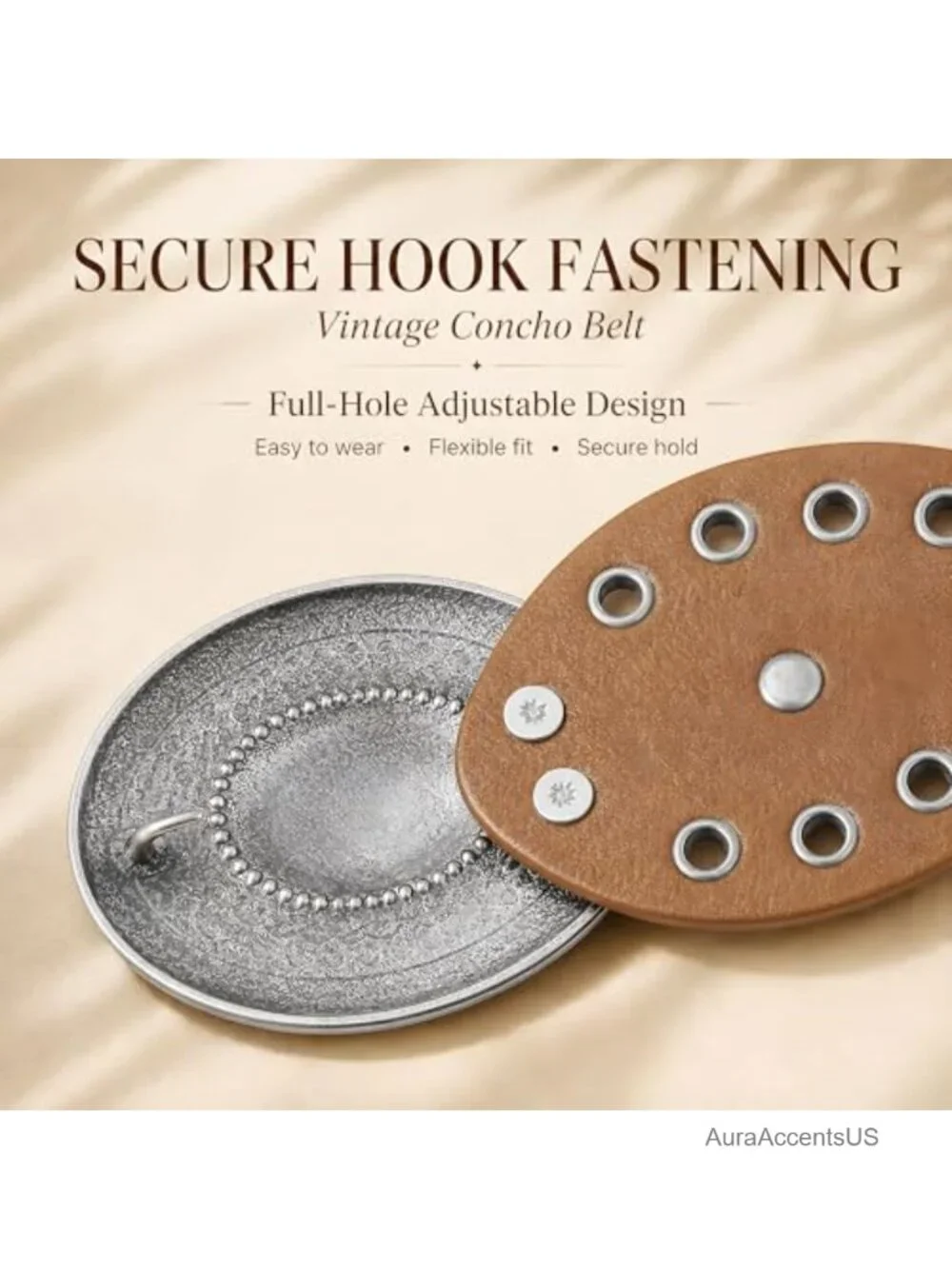 Vintage Concho Cowgirl Belt for Women, PU Leather Disc Belt
